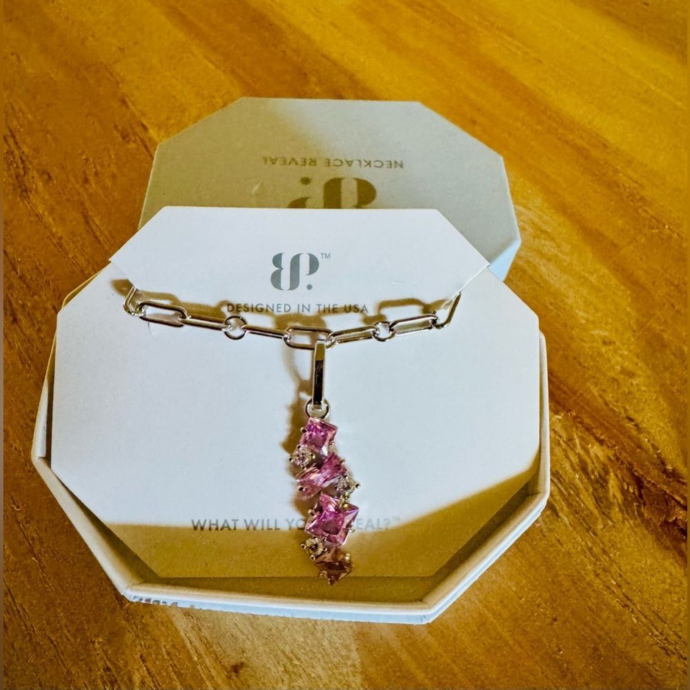 Bomb Party OG Necklace “Just Say Yes” NK84196 LC Rose Quartz CZ/Rhodium Plated.